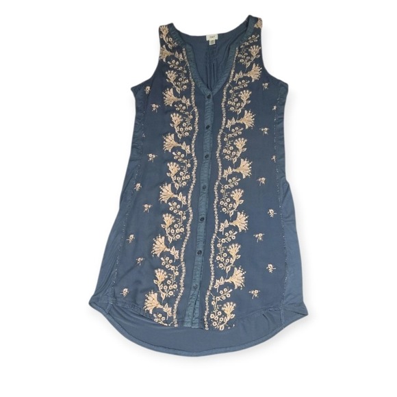 Anthropologie Tiny Syden Embroidered Floral Sleeveless Button Front Dress Teal M - Picture 3 of 11